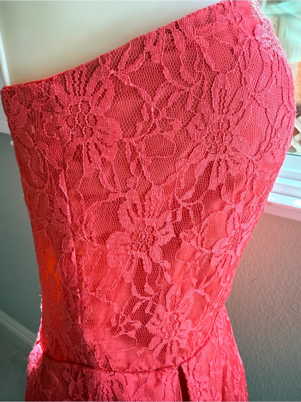 Poetry Coral-Red Strapless Lace Mini Dress - Picture 6 of 11